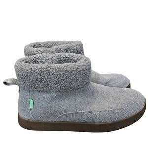 Sanuk Roll-Top Bootie Ankle Boot Womens Size 9 Gray Knit Fuzzy Warm Boho Cozy
